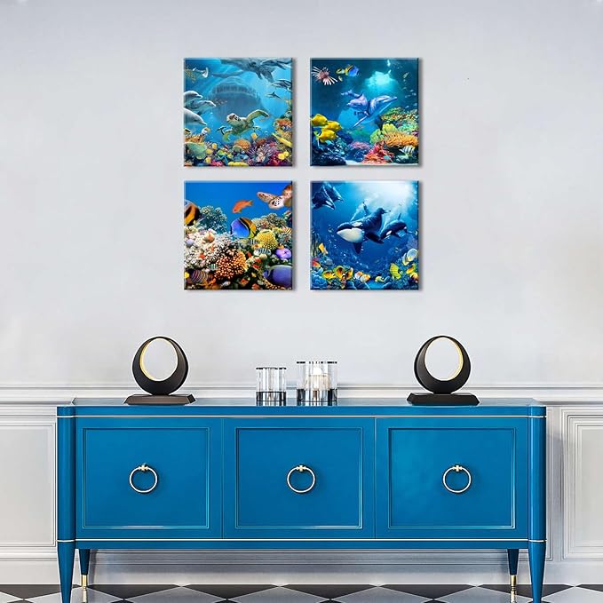 Sea Animal Wall Art Ocean Bathroom Pictures Nautical Turtle Dolphin Fish Whale Wall Decor Blue Undersea World Coral Reef Landscape Canvas Prints Painting Coastal Posters Artwork Decoration 12x12” 4Pcs