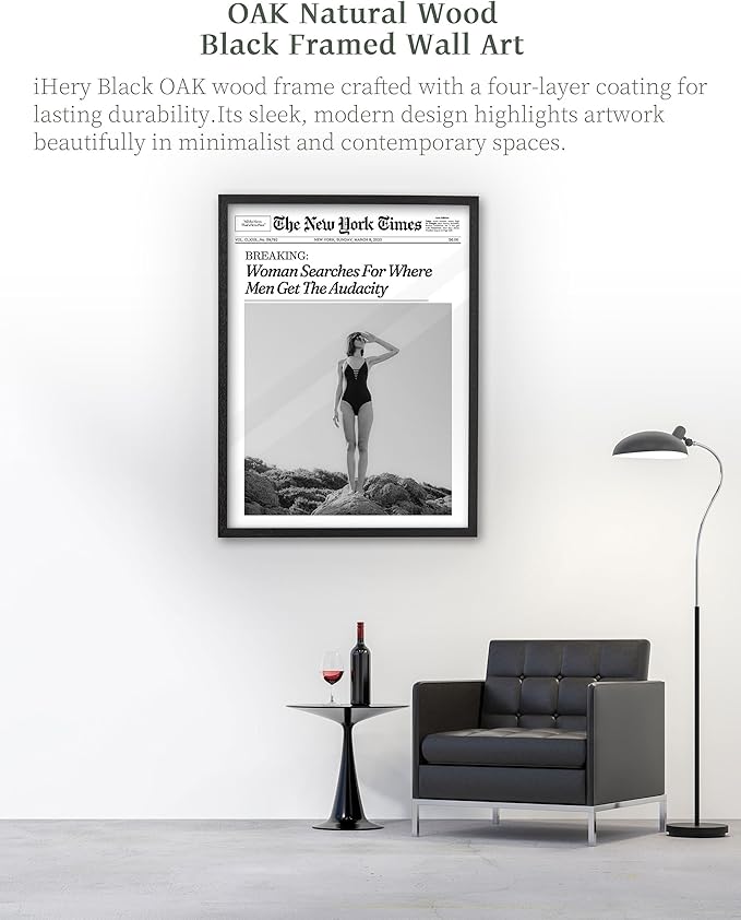 iHery Premium Natural Black OAK Wood 12x16in Trendy Framed Wall Art, Retro Woman Searches For Where Men Get The Audacity Canvas Wall Decor For Girly Dorm Bedroom Living Room 1Pack