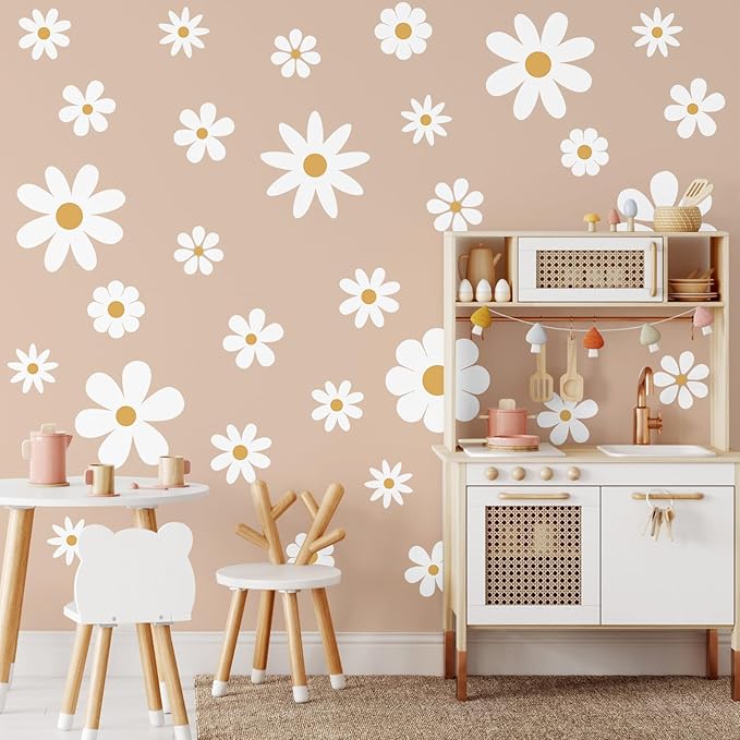 TaoBary 12 Sheet Daisy Wall Sticker Decal Removable Cute Daisy Bedroom Room Decor Flower Wall Sticker Pink White Flower Decal Wallpaper Peel and Stick for Nursery Home(White, Yellow,Classic Style)