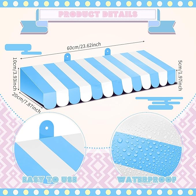 Boao 4 Pack Blue and White Awning Decoration 3D Stripe Cardboard Awning Carnival Wall Decor Circus Party Favors for Lemonade Stand Bakery Ice Cream Truck Bulletin Board Decor