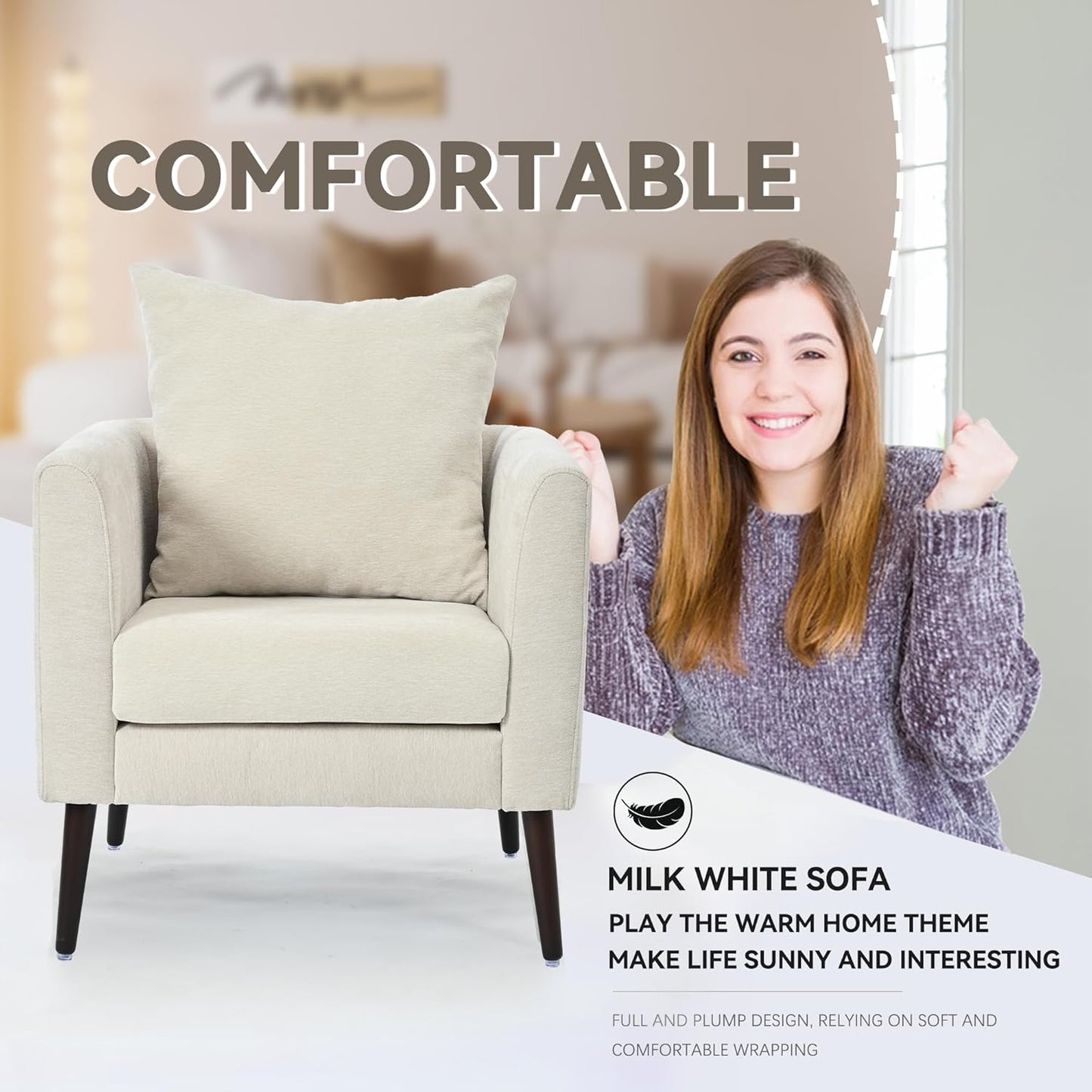 Barrel Accent Chair Set of 2 with Back Pillow, Large Upholstered Armchair with Solid Wood Legs Modern Reading Chairs for Living Room Bedroom
