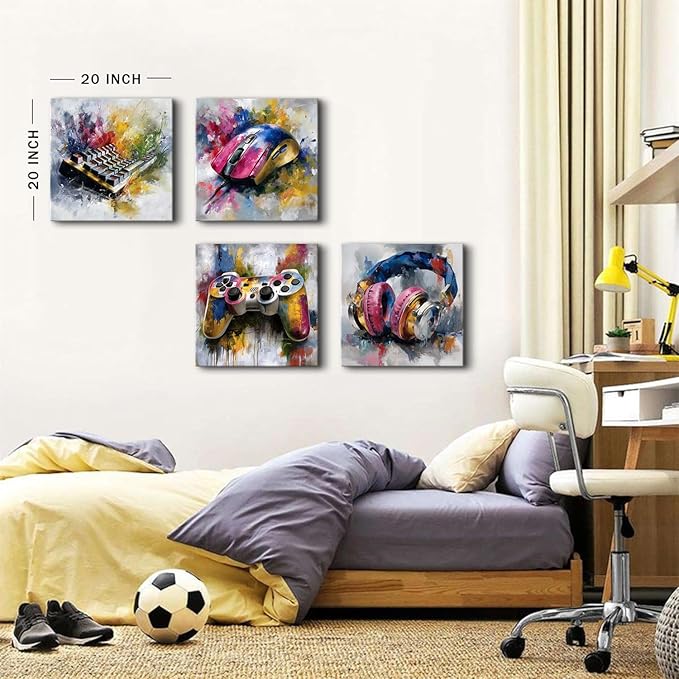 Large Gaming Wall Decor Colorful Gamer Canvas Art Pictures Watercolor Game Controller Headset Keyboard Mouse Paintings Posters Abstract Games Room Decorations for Teens Boys Bedroom Playroom 20x20”