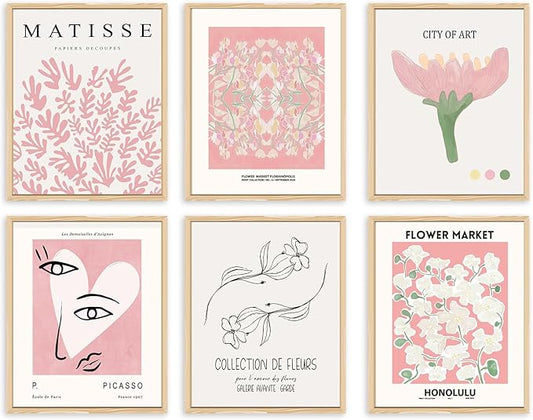 QIAOMICS Pink Flower Market Wall Art Prints,Cute Matisse Wall Decor Aesthetic,Colorful Exhibition Posters Wall Decor Posters for Bedroom,Dorm (8"×10" Unframed)