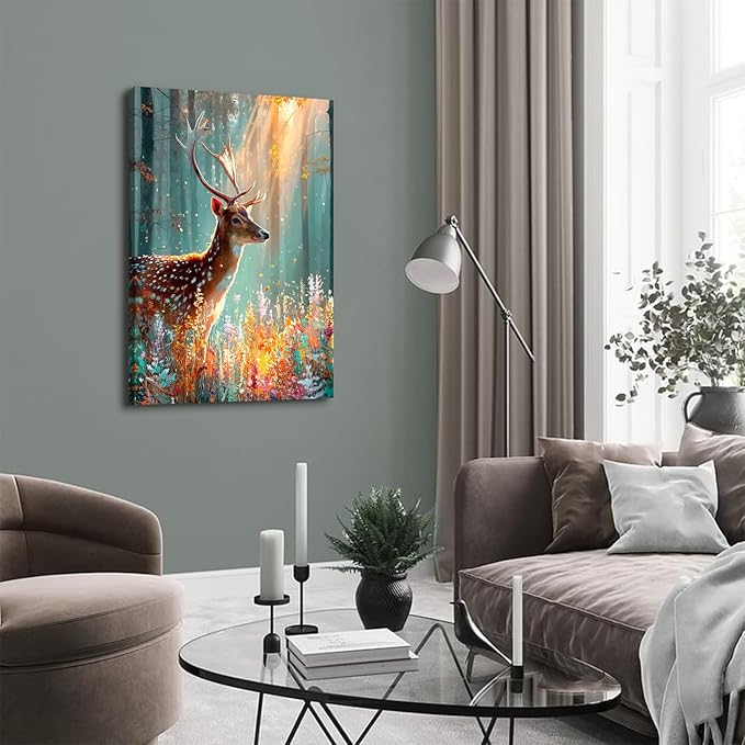 Fall Forest Wall Art Deer Wall Decor Rustic Wildlife Animal Painting Nature Autumn Landscape Canvas Prints Colorful Flowers Picture Farmhouse Elk Artwork for Kitchen Living Room Home Decoration 32x48"