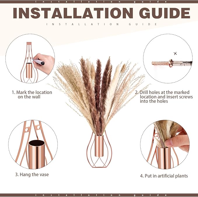 2 Pcs Boho Wall Decor Metal Wall Art Hanging Planter with Artificial Pampas Wall-Mounted Modern Home Decor Display Artwork Plant Hanging Vase for Bedroom Living Room Bathroom (Rose Gold)