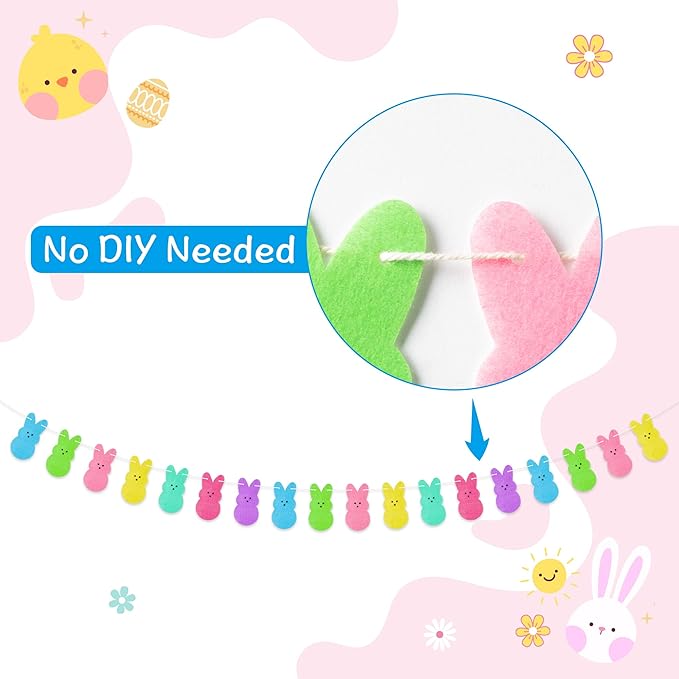 WATINC 4pcs Easter Peeps Bunny Garland Decoration, Colorful Felt Rabbit Hanging Bunting Reusable Ornament Spring Party Banner Favors Supplies, Happy Easter Day Home Decor for Mantle Fireplace Wall