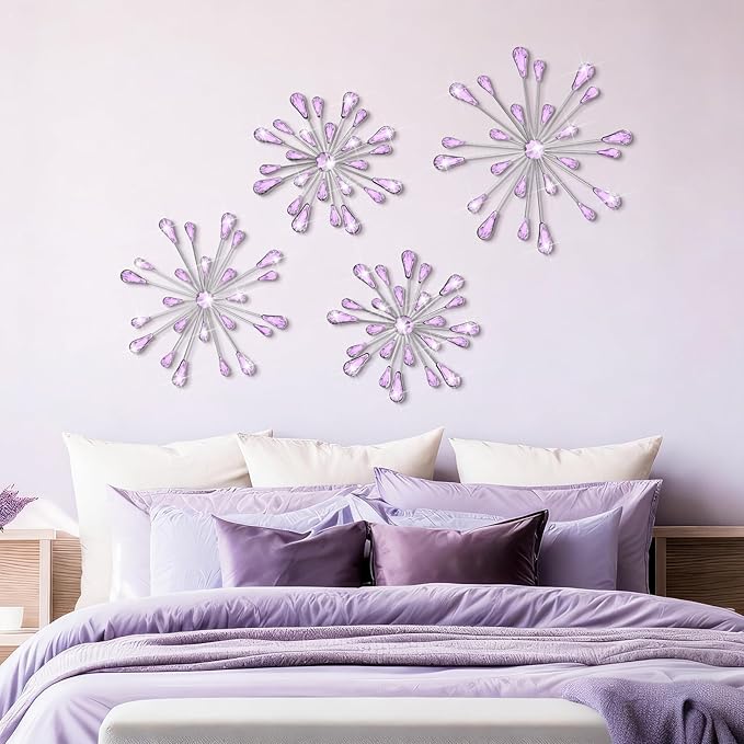 Hicarer 4 Pcs Starburst Wall Decor Bling Wall Art Crystal Teardrop 3D Hanging Rhinestone Radial Metal Artwork Modern Accent Sculptures Decorations for Living Room Home Office Bedroom(Purple)