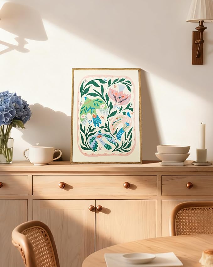 WHASAYART Framed Bird Wall Art 12"x16", Floral Botanical Illustration artwork, Colorful Birds Flowers, Nature Boho Style Print for Living Room Bedroom Nursery Wall Decoration