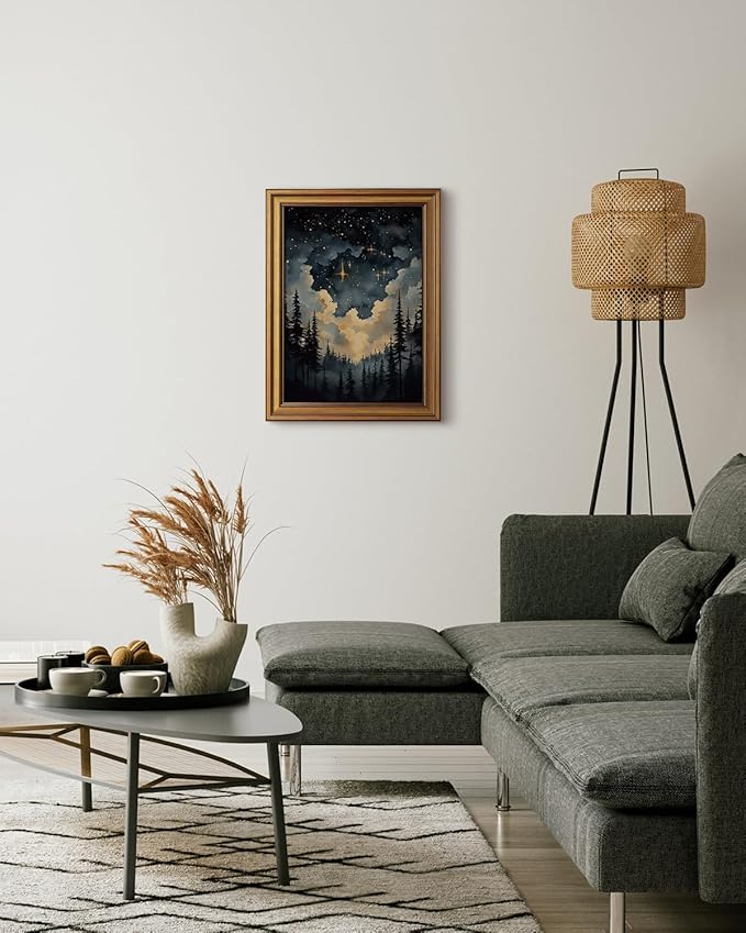 HUARCEY Gold Framed Canvas Wall Art, Celestial Stars Night Picture Decor, Living Room Bedroom Dark Landscape Nature Art, Sky Forest Vintage Canvas Paintings, 12x16inch