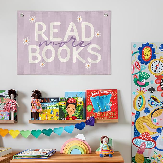 Reading Nook Read More Books Banner - Purple Book Lover Decor, Classroom Pastel Reading Party Decorations, Kids Library Wall Hanging, Daisy Flower Linen Canvas Flag for Nursery, Playroom, Homeschool, 20x30 Inch