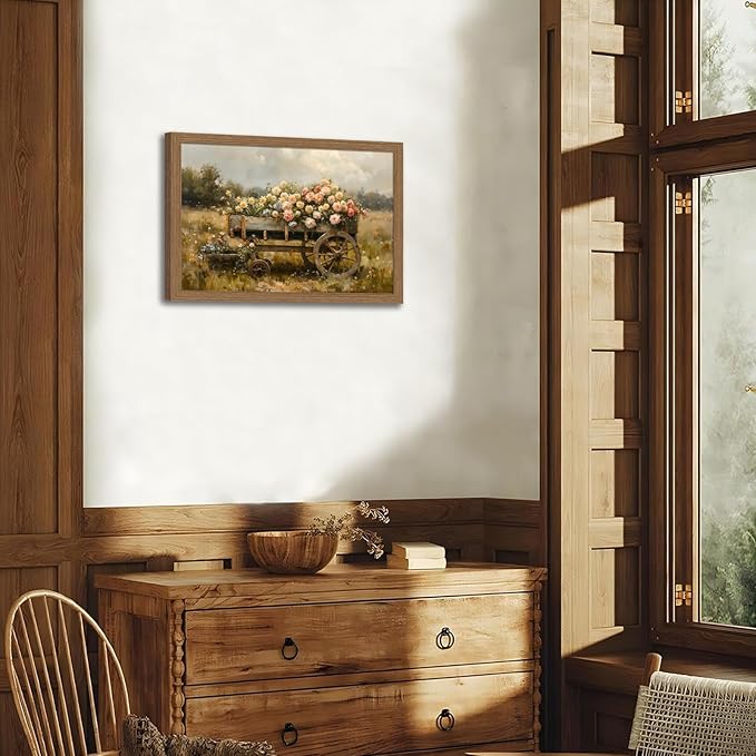 Framed Rustic Floral Wagon Canvas Wall Art Vintage Farm Cart Flower Painting Country Landscape Picture Print for Living Room Bedroom Farmhouse Decor12x16in