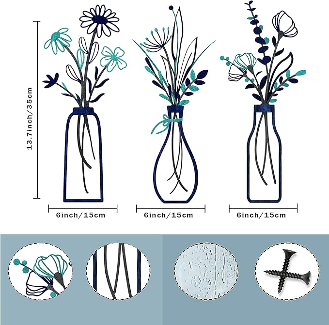 Nonforgetta Metal Flower Wall Art Set of 3 – Minimalist Farmhouse Vase Wall Decor, 3D Metal Sculpture for Living Room, Bathroom, Bedroom & Dining Room – Housewarming Gift