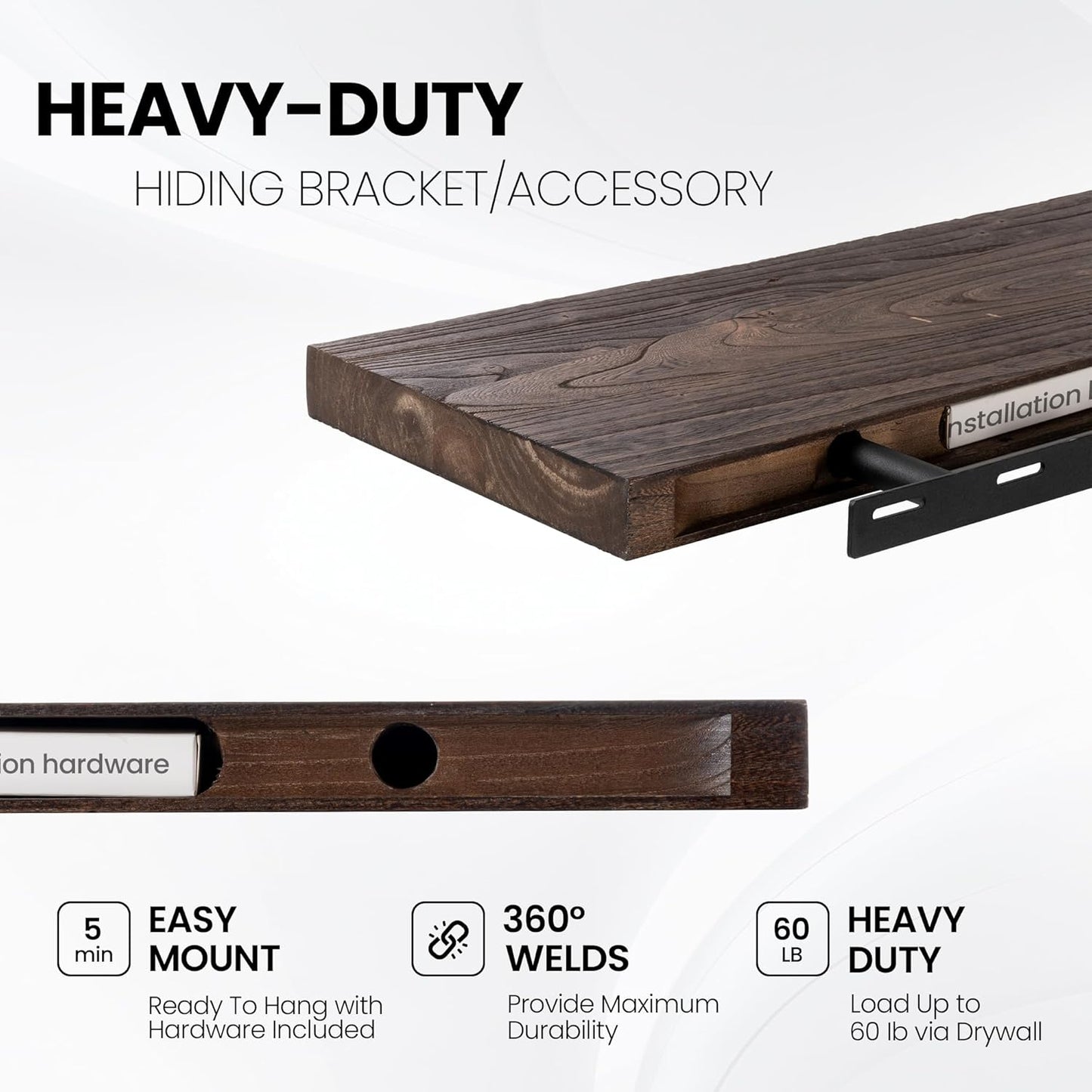 Fun Memories Wood Floating Shelves for Wall, 48 Inch Floating Shelves Wall Mounted, Rustic Elm Wood Shelf for Home Decor, Heavy-Duty Storage Shelves for Living Room, Bathroom, Kitchen, Walnut Finish
