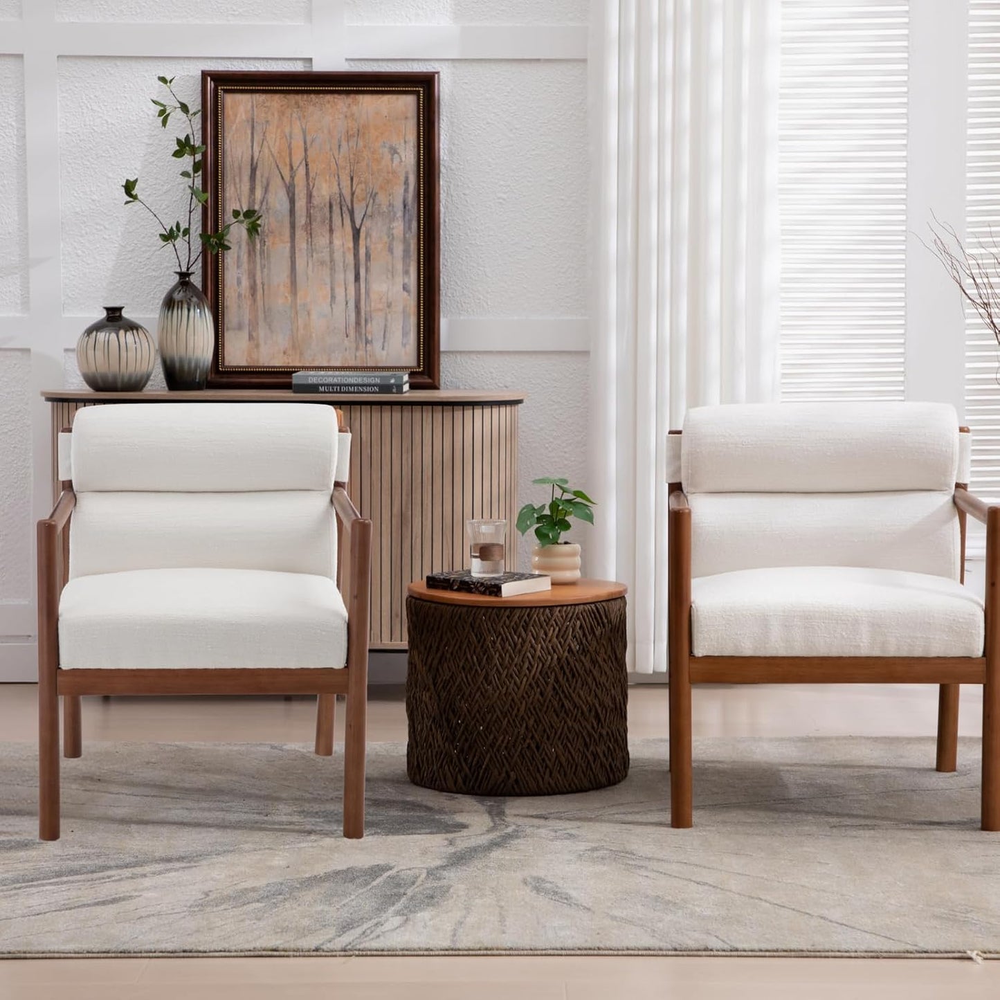Modern Living Room Chairs Set of 2, White Upholstered Accent Chairs with Channel Tufted Back, Brown Wood Lounge Reading Arm Chairs, Linen Fabric Side Sitting Chairs for Guest Room, Balcony