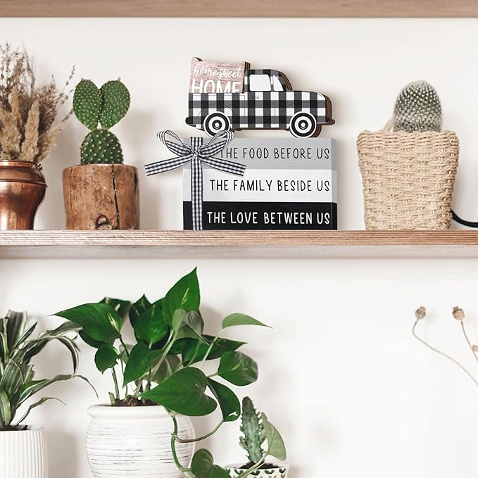 Jetec 4 Pcs Farmhouse Wooden Tabletop Decor Farmhouse Rustic Tiered Tray Decor Home Sweet Home Centerpiece Black and White Truck Buffalo Plaid Tabletop Sign for Kitchen Shelf Desk Decoration