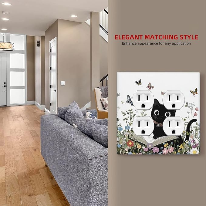 Outlet Covers Cute Cat Wildflowers Boho Flowers Floral 2 Gang Double Duplex Decorative Light Switch Covers Electrical Wallplates Socket Faceplate For Nursery Kids Room Decor