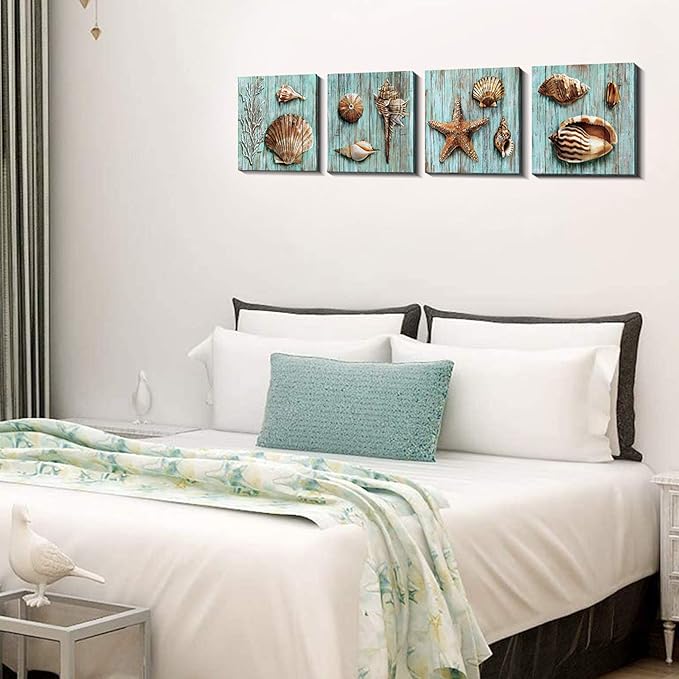Blue Shells Wall Art Home Decor for Bathroom Shell Conch Framed Canvas Prints Sea Ocean Paintings Pictures Marine Life Coral Starfish Modern Large Artwork Living Room Home Decoration Set 4 Pcs 16x16