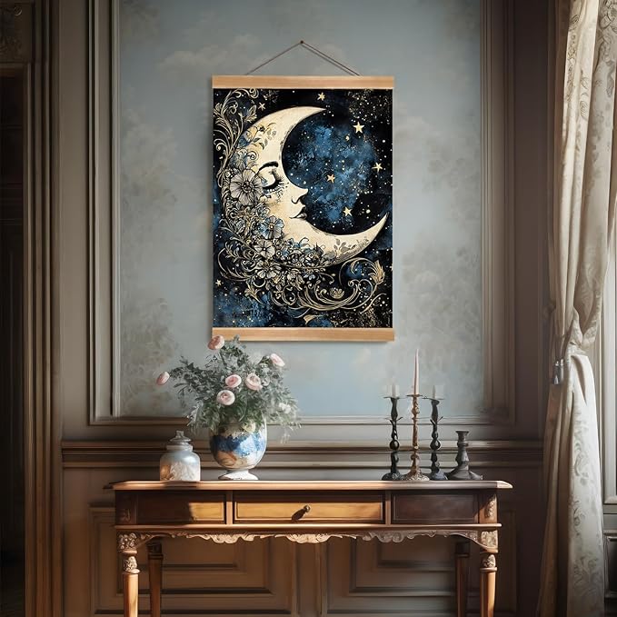ZTGDA Moon Wall Art Decor– Vintage Hanging Wall Painting Abstract Poster with Solid Wood Frame, Boho Wall Decor,Mystical Celestial Floral Poster for Bedroom, Office(Moon)