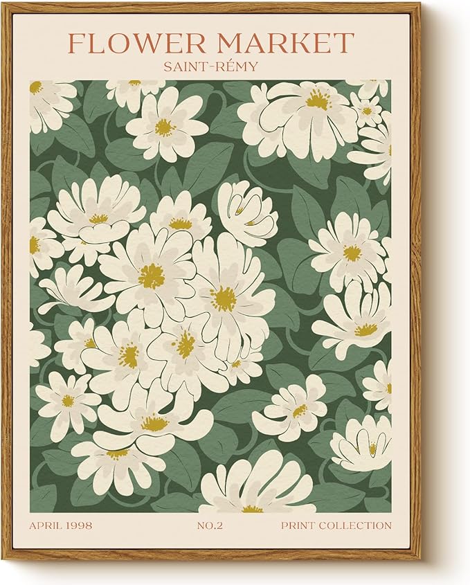 Vintage Framed Daisy Flower Market Wall Art 12x16, Boho Green Botanical Canvas Print White Floral Bedroom Living Room Artwork, Retro Aesthetic Modern Rustic Minimalist Gallery Wall Decor