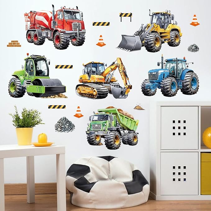 decalmile Construction Cars Wall Decals Trucks Tractor Vehicles Wall Stickers Baby Nursery Boys Bedroom Kids Room Wall Decor