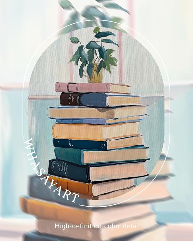 Back to School Wall Art Green Potted Plant on Vintage Book Stack 12x16 Framed, Study Room College Dorm Classroom Educational Canvas Print, Library Bookish Aesthetic Cozy Reading Corner Decor