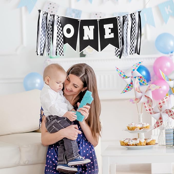 Race Car First Birthday Highchair Banner, Pre - strung Black & White Checkered “ONE” Garland for Boys’ Fast One Party, Cake Smash Photos & Racing Theme Decor