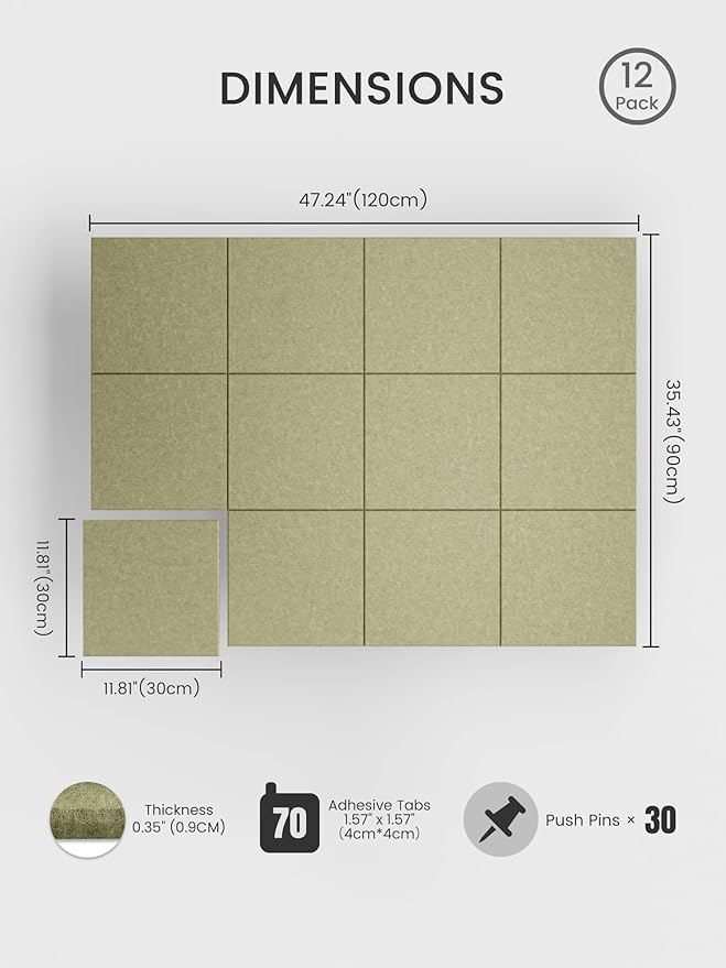 Bumusty Large Cork Board 48" x 36" Alternative - 12 Pack Felt Wall Tiles with 70 Safe Removable Adhesive Tabs, 30 Pushpins, Cork Boards for Walls Pin Board Bulletin Board Office Decor (Olive Green)