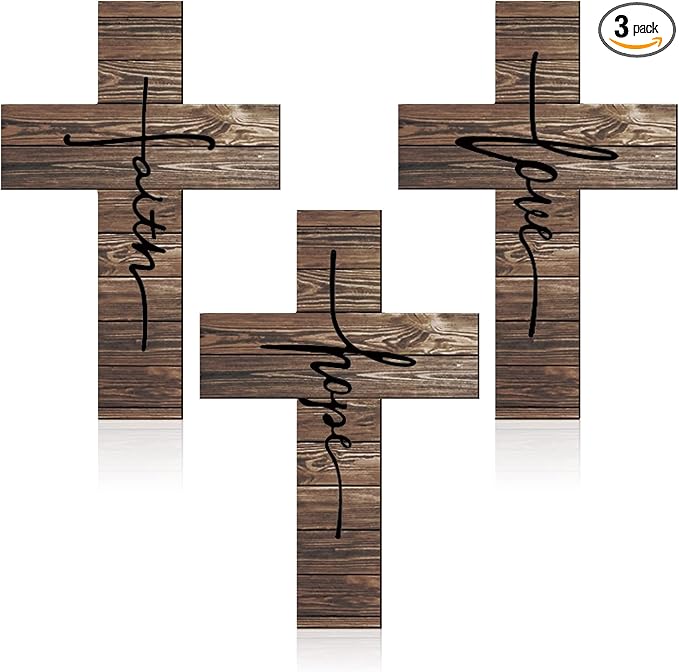 Jetec 3 Pieces Easter Faith Love Hope Cross Sign Crosses Wall Decor Wood Wall Hanging Rustic Cross Vintage Religious Love Art Decor Farmhouse Home Hanging Decorations, 12 x 8 Inch(Brown)