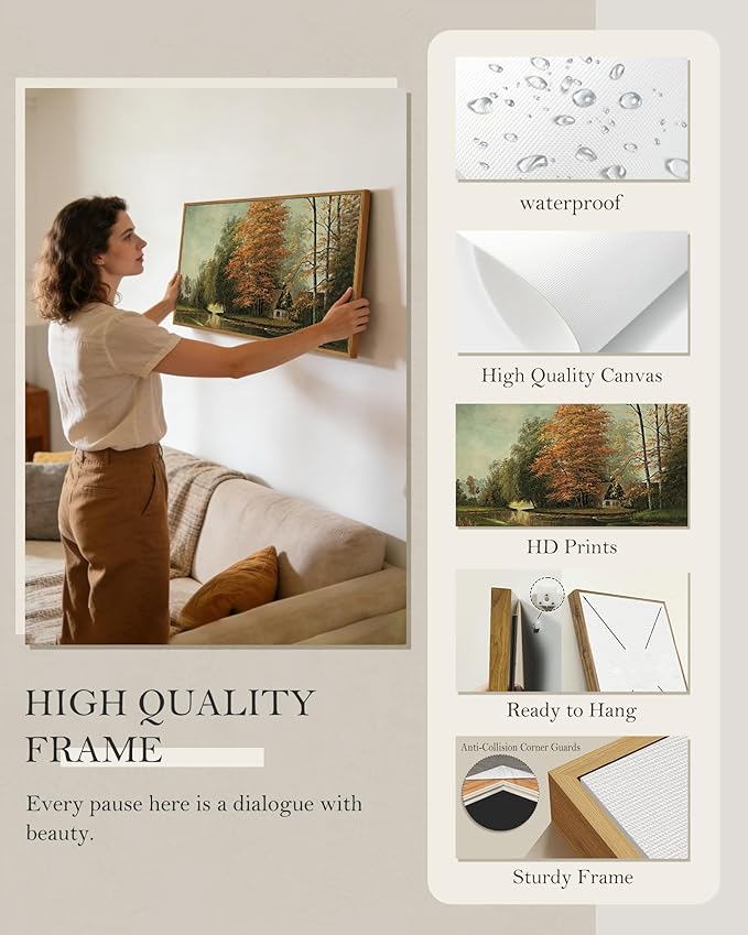 SHENIFY 20x40in Extra Large Vintage Framed Wall Art Countryside River Landscape Painting Retro Fall Scenery Farmhouse Bedroom Above of Bed Living Room Decor - Natural Framed