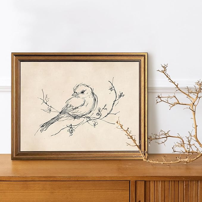 Aroutde Vintage Gold Framed Bird Printing Wall Art for Living Room, Minimalist Birds Sparrow on Branch Sketch Picture Wall Decor for Home Bedroom Apartment Decoration (16L''x12W'')