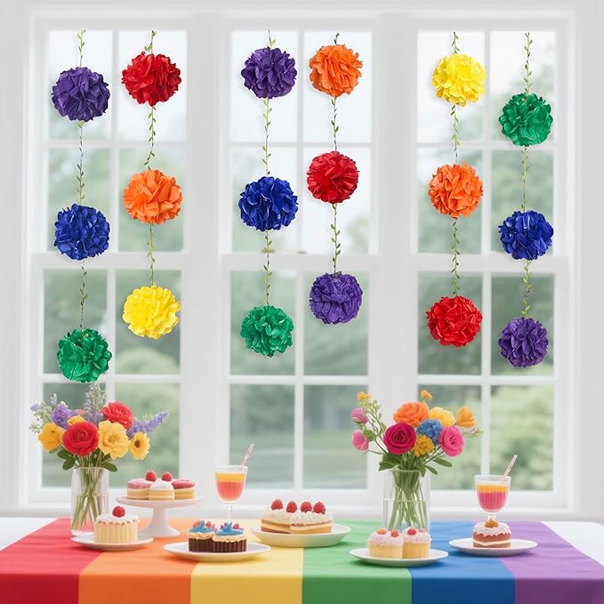 Rainbow Party Decorations Colorful Tissue Paper Flowers Pom Pom with Leaf Ribbon Hanging Garland Streamer for Multi-color Birthday Baby Shower Wedding Carnival Clown Fiesta Festival Party Supplies