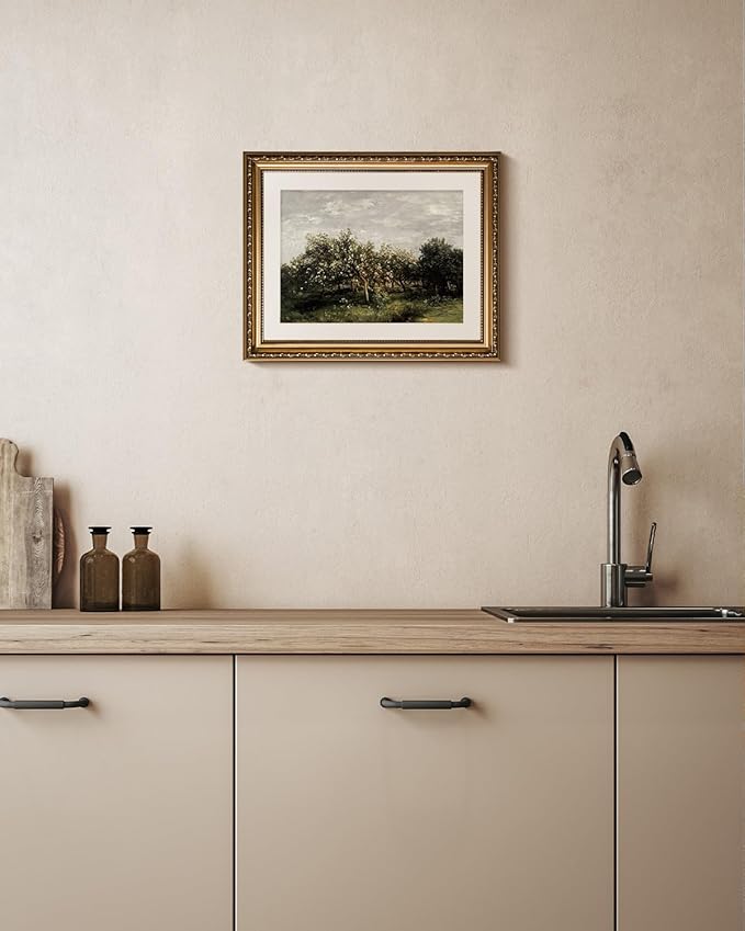 VIYYIEA Gold Framed Impressionist Landscape Orchard Wall Art, Elegant Nature Scene for Living Room Decor | Zero-Glare No Glass Design, Lightweight Canvas Painting | 13x16 Inch