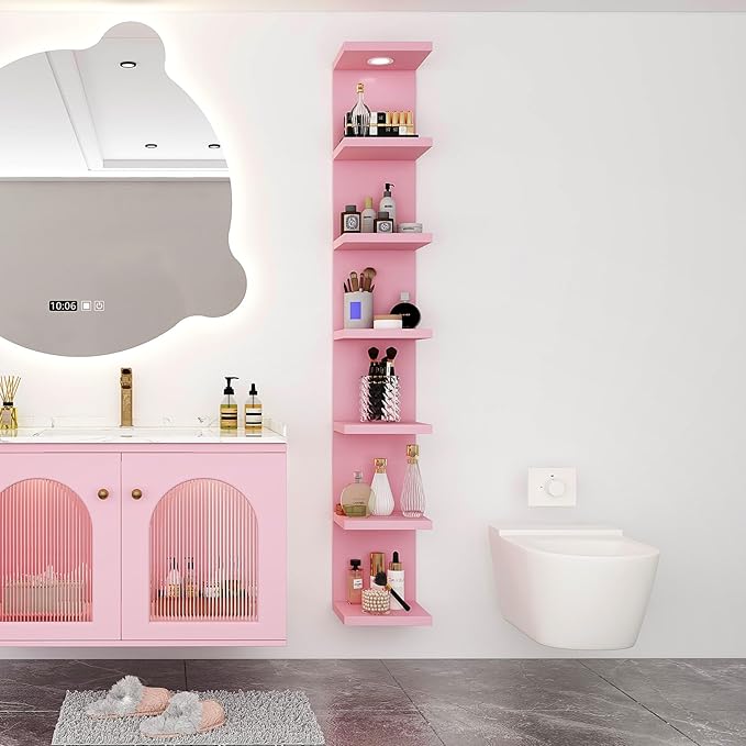 Versatile 7 Tier Wall Shelf Unit,Pink Lack Wall Shelf,Display Floating Shelf with LED Remote Control Light