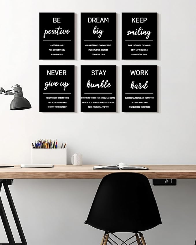 KUVIOKE Inspirational Framed Wall Art Motivational Quotes Wall Decor Encouraging Office Posters Positive Affirmations Sayings for Classroom Bedroom Living Room Ready to Hang Set of 6, 12x16in (Framed)