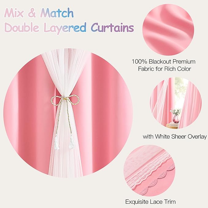 XiDi Full Blackout Pink Curtains with Sheer Overlay Double Layer Curtains for Nursery Girls Bedroom 84 Inches Long 2 Panels Kids Toddler Princess Room Decor Grommet Privacy Window Drapes W34 X L84
