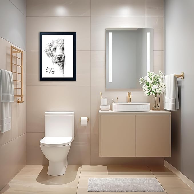 Gongyuanyihao Arts Funny Dog Bathroom Wall Art with Black Frame, Are You Pooping Sign for Farmhouse Restroom Decor, Rustic Humorous Canvas Print Painting Ready to Hang 16"x20"