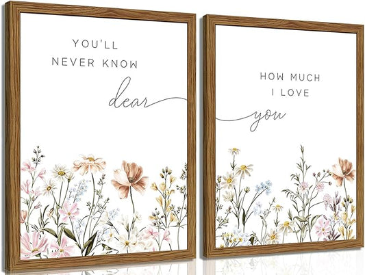 Wood Framed Wildflower Nursery Wall Art Set of 2, Boho Flower Botanical Wall Decor Paintings, Baby Girl Nurseries Pictures Posters Prints for Nursery Baby Room Bedroom Home Decoration 12x16 Inch