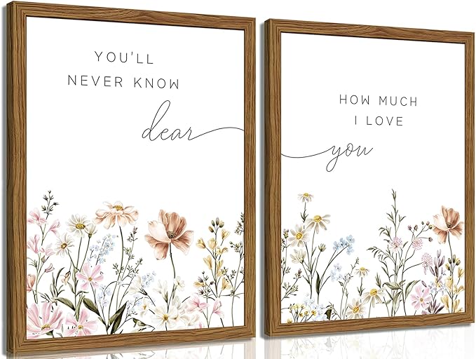 Wood Framed Wildflower Nursery Wall Art Set of 2, Boho Flower Botanical Wall Decor Paintings, Baby Girl Nurseries Pictures Posters Prints for Nursery Baby Room Bedroom Home Decoration 16x24 Inch