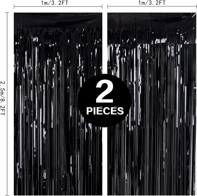 Black Foil Fringe Curtains Party Decorations – 3 Pack 3.2 x 8.2 ft Shiny Black Tinsel Curtain Backdrop for Birthday, Graduation & Photo Booth, Easy to Install