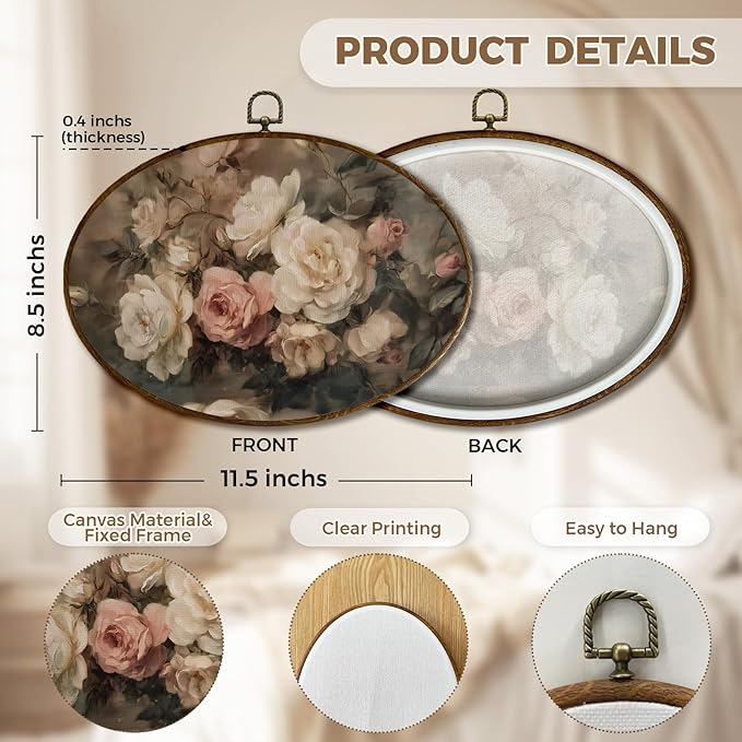 JQF Vintage Rose Floral Oval Wall Decor, Cottagecore Floral Oval Canvas Wall Art, Rustic Moody Botanical Flower Framed Prints Hanging Decor for Home Bedroom Living Room, 11.5x8.5 Inch