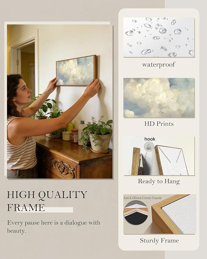 SHENIFY Vintage Landscape Framed Wall Art Sky Cloud Nature Farmhouse Decor Retro Classical Painting for Kitchen Bedroom Living Room Bathroom - 8x16in Natural Framed