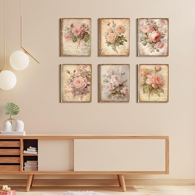 Vercraft 6 Pcs Vintage Flowers Canvas Wall Pink Rose Grandmillennial Home Wall Decor Retro Floral Pictures Farmhouses Wedding Decor for Home Office Bedroom Plant Printing Painting, 8 x 10 Inch