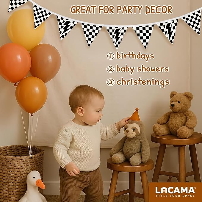 Lacama Cars Room Wall Art Decor Checkered Flag Banner for Toddler Nursery Playroom, Toddler Boy Room Decor，Black and White Checkered Garland Triangle Banners,Bunting Flags for Shower Birthday Party xsj