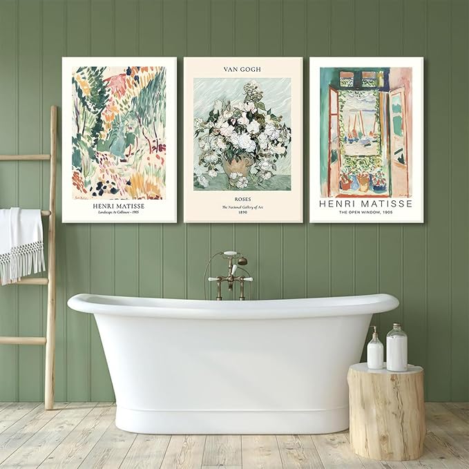 LYPHNX Framed Sage Green Matisse Canvas Wall Art Vintage Abstract Floral Prints Poster Set of 3 Mid Century Aesthetic Flower Artwork Painting Picture Decor for Living Room Bedroom Bathroom 16"x24"
