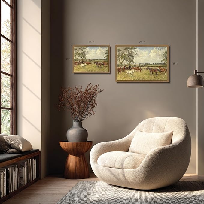 Clicyre Horse Pasture Wall Art, Vintage Country Canvas Print, Western Landscape Artwork, Peaceful Rustic Farmhouse Brown Horse Wall Decor for Living Room Bedroom Hallway Office Wood Framed 12x16 Inch
