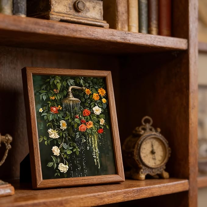 Framed vintage floral wall art Green Botanical Flowers Waterfall Bathroom Wall Decor Boho Spa Aesthetic Flower Artwork for Bathtub Shower Walls Small Bathroom Home Living Room 8x10 inch