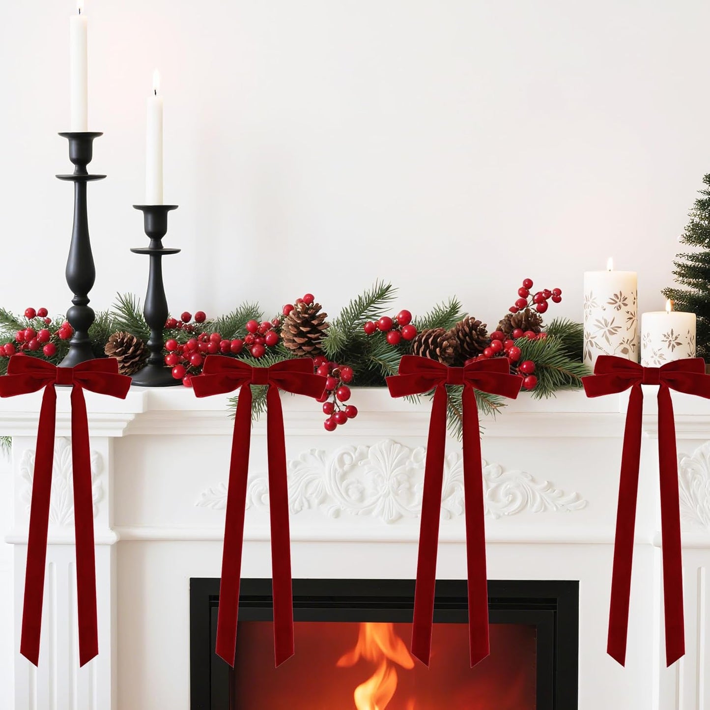 Senjie 10Pcs Large Velvet Christmas Tree Bows, 20in x 8in Premade Vintage Ribbon Tree Topper Bows Ornaments for Staircase Garland Wreath Holiday Home DIY Crafts Decorations, Burgundy