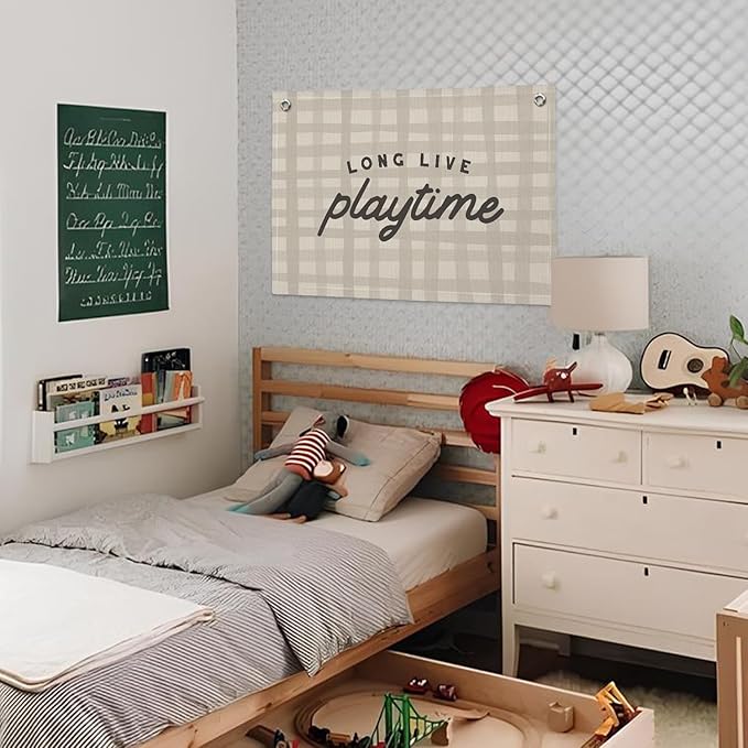 Playroom Decor, Play Room Wall Decor, Long Live Playtime Linen Banner Wall Hanging, Boho Beige Banner Flag Decor for Nursery Boys Room 20x30