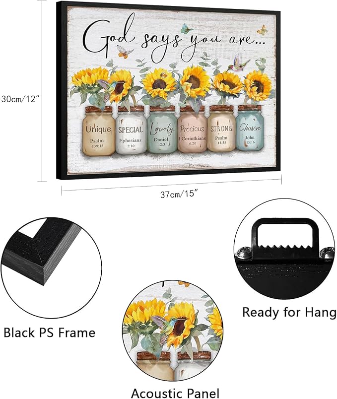 God Says You Are Wall Art: Christian Wall Art Framed Inspirational Quotes Bible Verse Wall Decor for Living Room Bedroom,Sunflower Pictures Religious Scripture Wall Art Prints Posters 12"x15"
