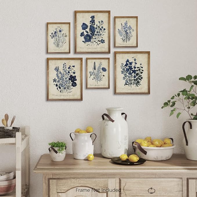 Watercolor Vintage Flower Poster Print 11x14 - Rustic Modern French Country Cottagecore Wall Art - Primitive Blue Magnolia Leaves Pictures Gallery Gift - Farmhouse Botanical Floral Kitchen Room Decor